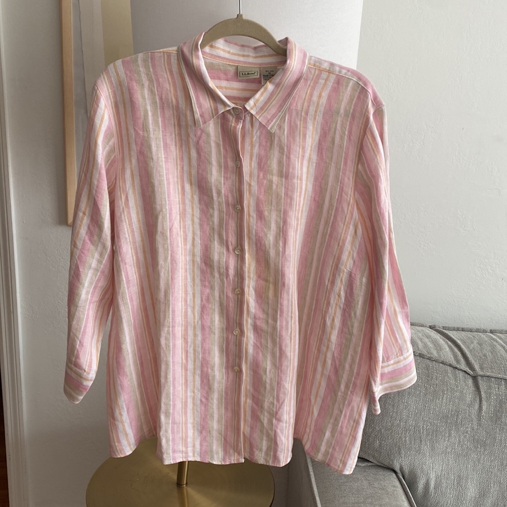 L.L.Bean Linen striped Flowy Plus Button Down Shirt Size 1X